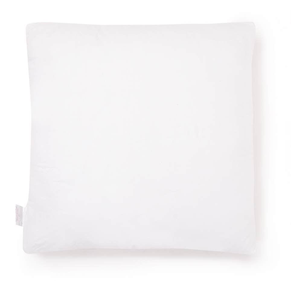 A white square cushion with a visible brand tag on the bottom corner.