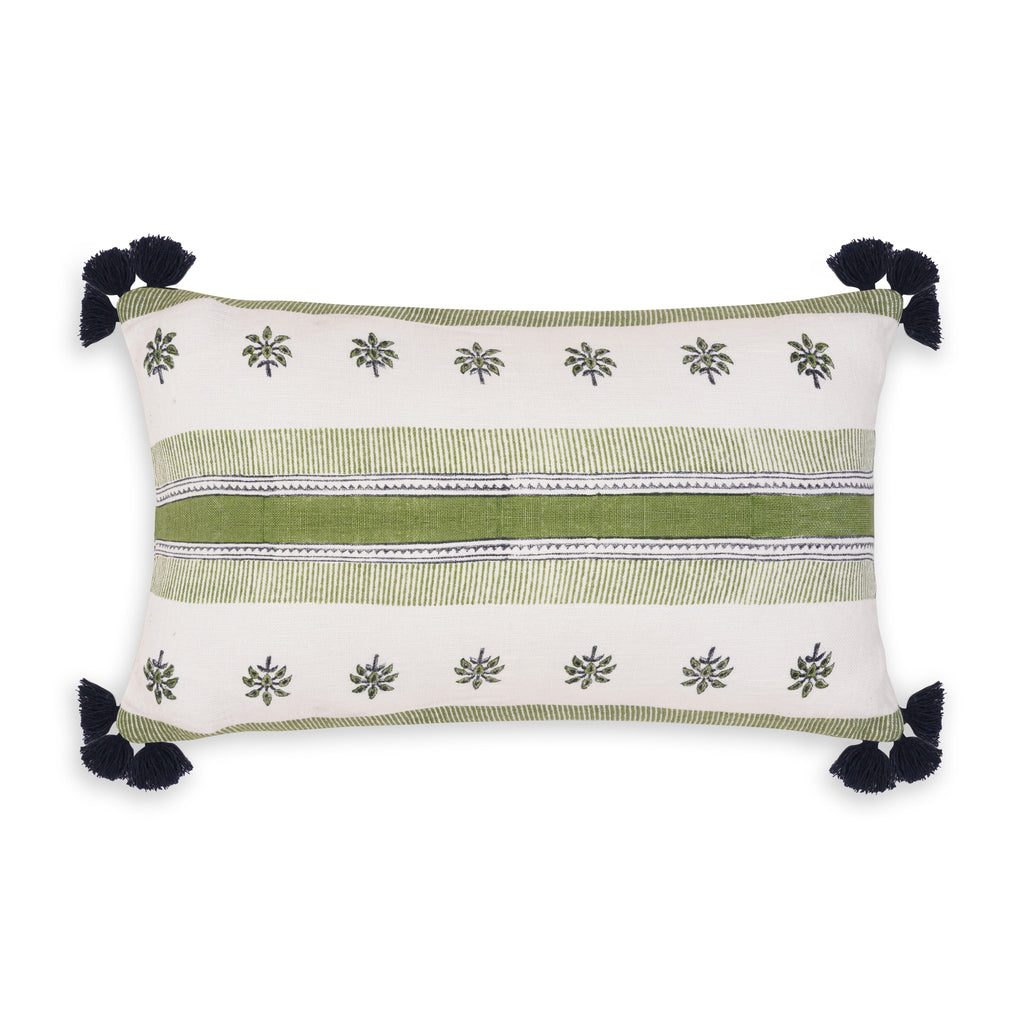 GREEN FLORAL & STRIPED CUSHION 12X21