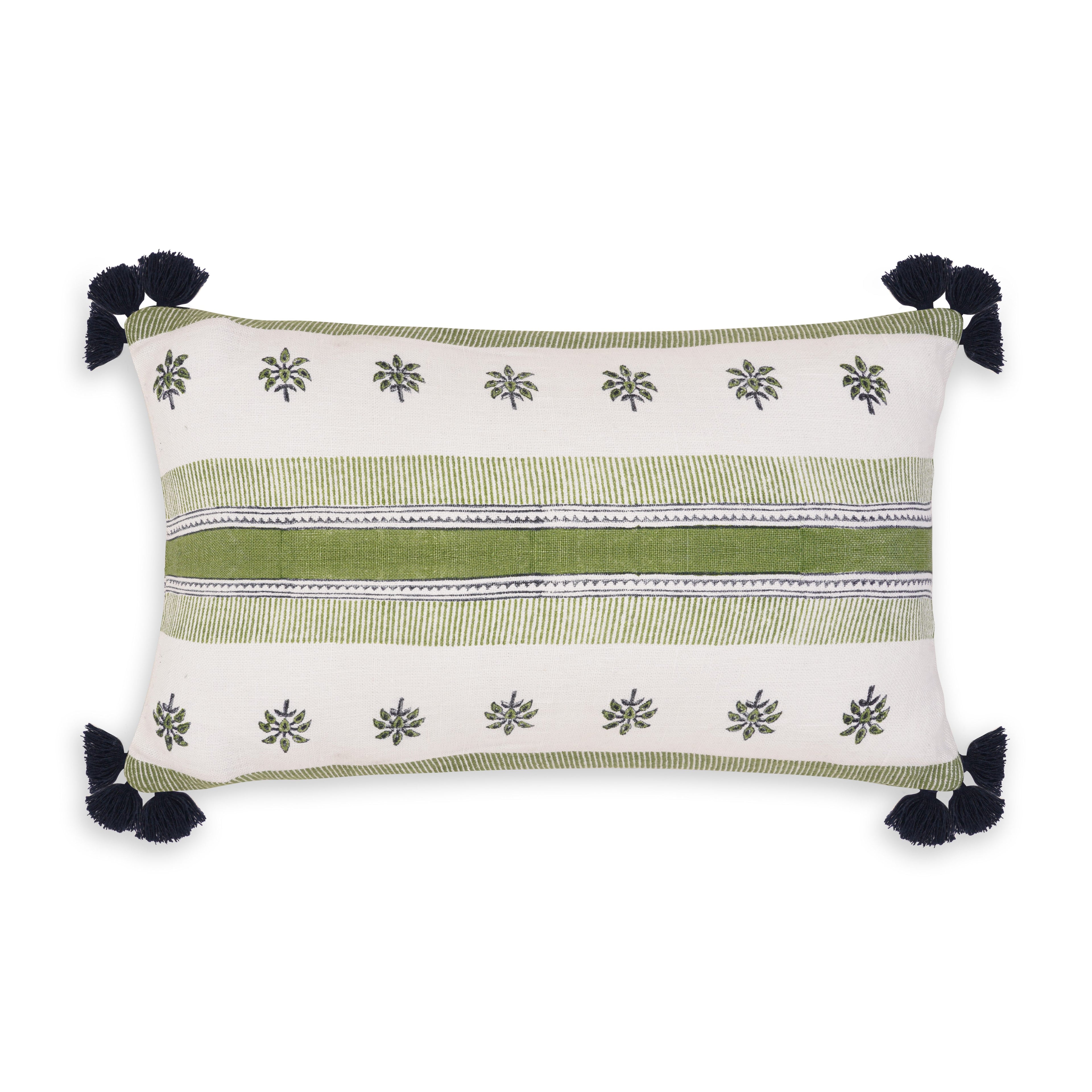 GREEN FLORAL & STRIPED CUSHION 12X21