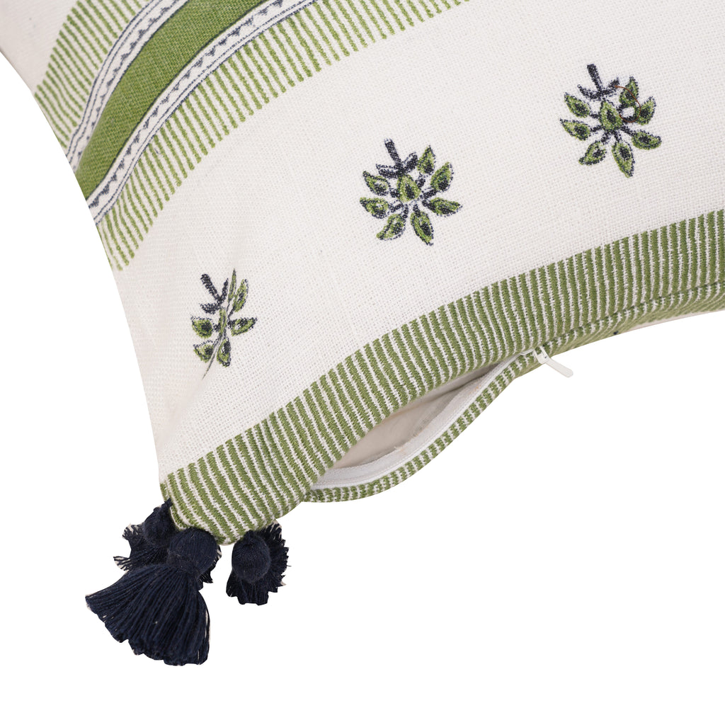 GREEN FLORAL & STRIPED CUSHION 12X21