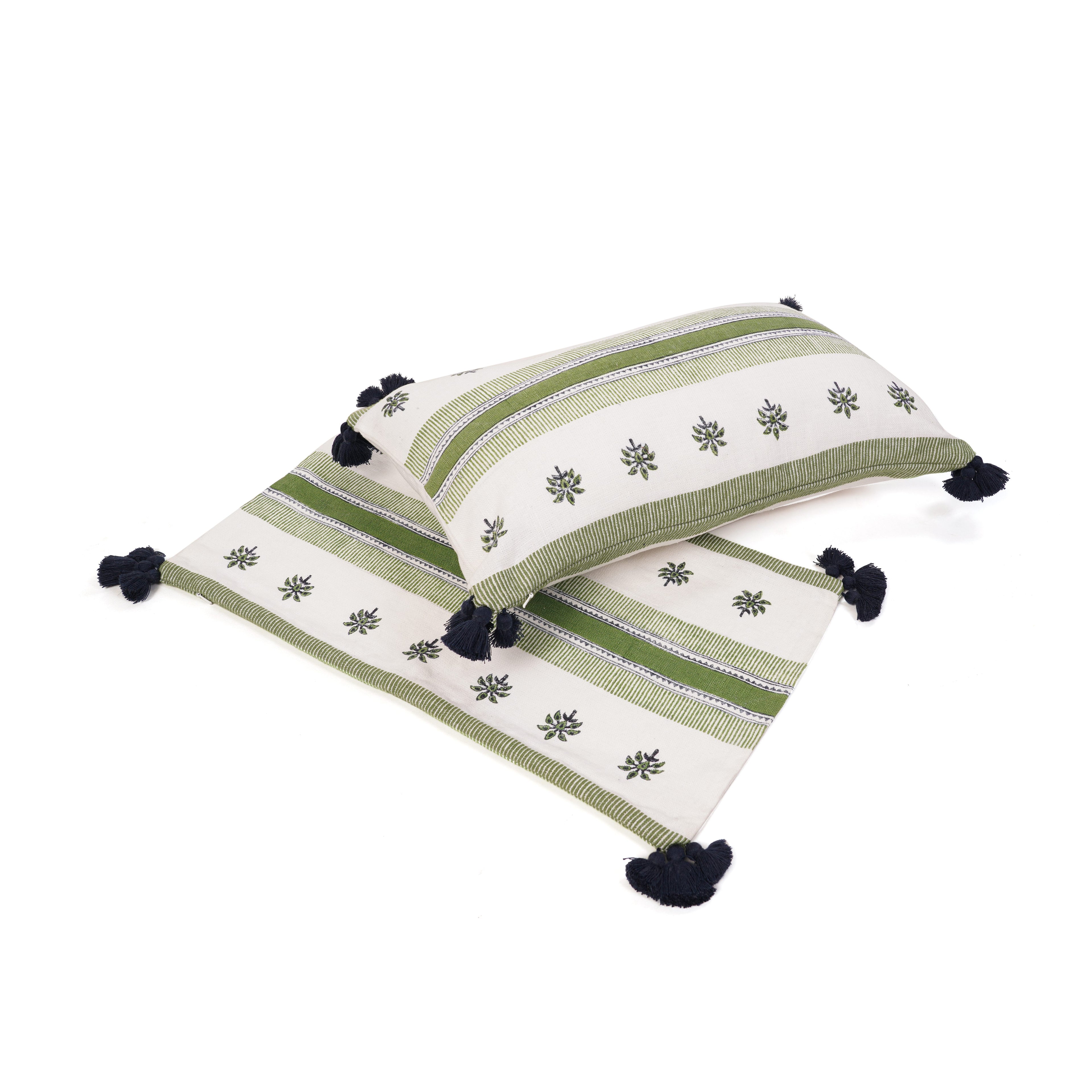 GREEN FLORAL & STRIPED CUSHION 12X21