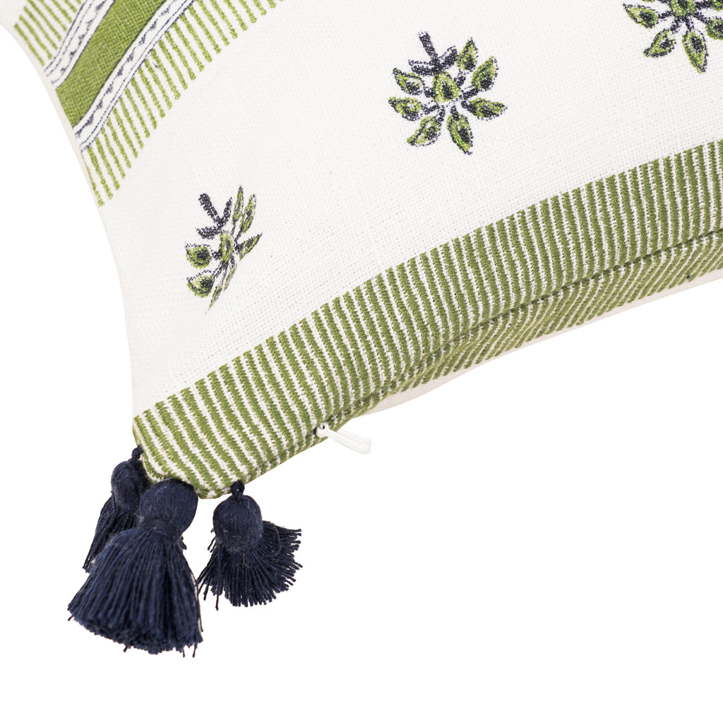 GREEN FLORAL & STRIPED CUSHION 12X21