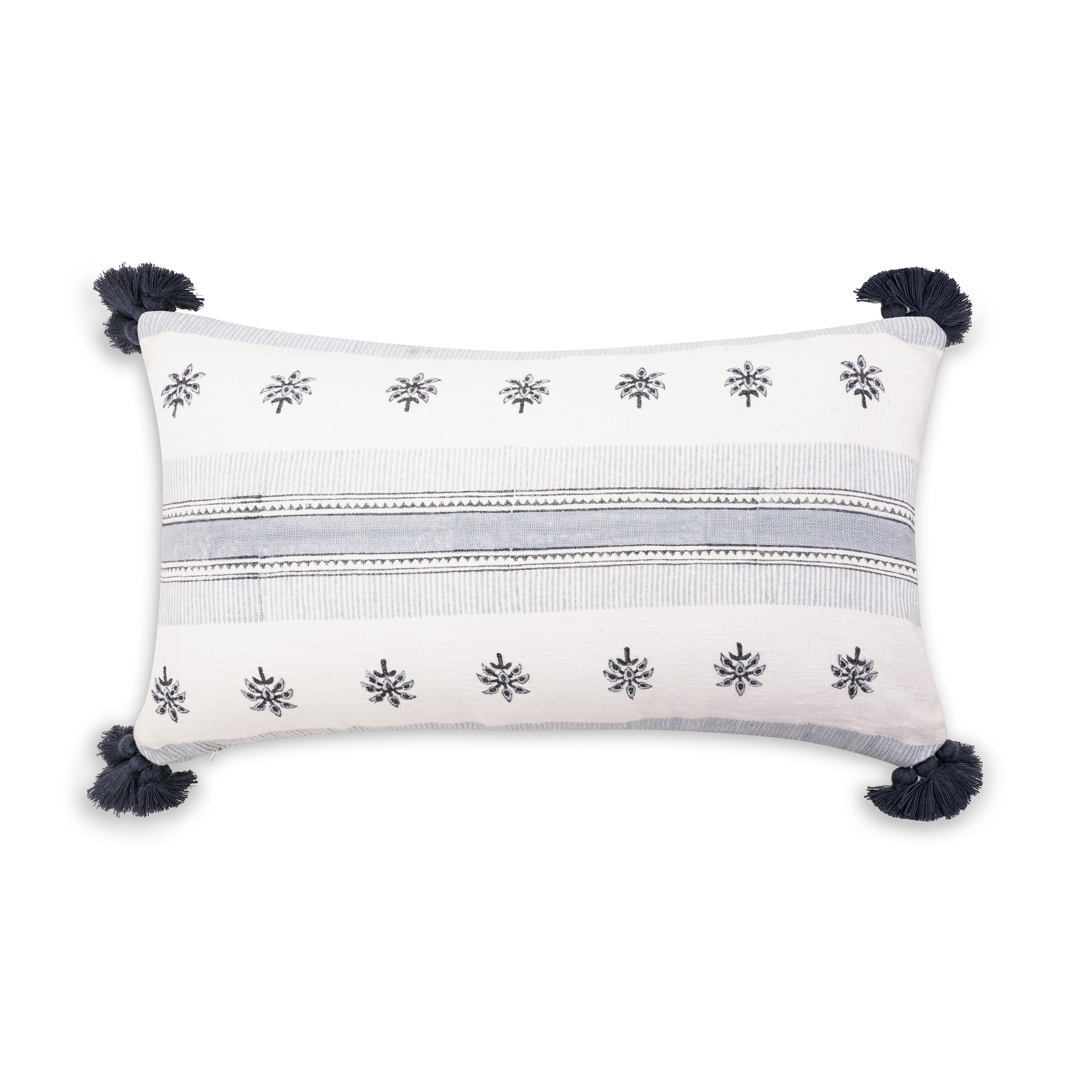 LIGHT BLUE FLORAL & STRIPED CUSHION 12X21