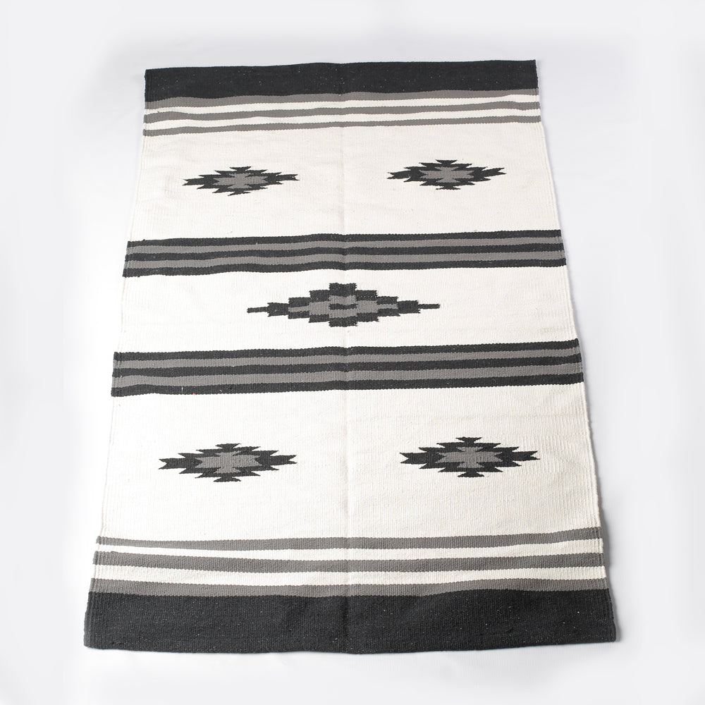 BLACK & WHITE STRIPED AND BURFI PATTERN RUG